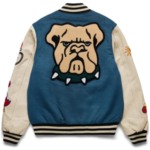 Blue OEM custom leather sleeve chain red embroidery <b>bomber</b> <b>baseball</b> vintage letterman varsity <b>jackets</b> - Product Image 2