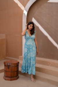 Vestido Midi Floral Turquesa con Estampado Batik, Cintura Natural, Ecológico, Transpirable, Estilo Bohemio para Verano y Vacaciones - Product Image 5