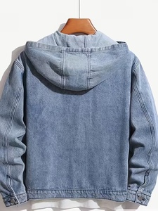 Blouson en jean à capuche pour homme, couleur unie, fermeture éclair, poches avant, délavé, style décontracté, coupe classique, pour l'automne et le printemps - Product Image 2