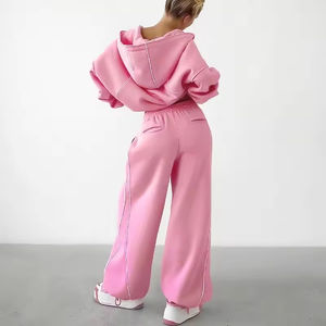 Ensemble survêtement personnalisé rose 100% coton molletonné avec fermeture éclair intégrale pour femmes, pantalon de survêtement ample et ample avec épaules tombantes - Product Image 5