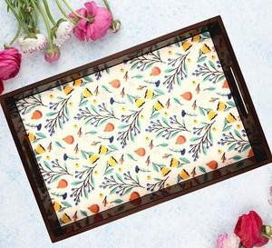 Bandeja Redonda de Madera Hecha a Mano con Estampado Floral, Plato Rústico Decorativo para Aperitivos, Té, Hogar, Hotel - Product Image 5