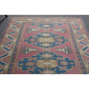 Alfombra étnica de lana rosa y azul, 5,8x8,1 pies, alfombra clásica de retazos de estilo turco para sala de estar con respaldo de látex para adolescentes - Product Image 4