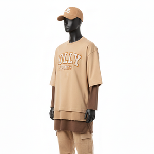 เสื้อยืดผู้ชายผ้าฝ้าย 100% ทรงหลวม พิมพ์ลาย เสื้อยืดแขนยาวสองชั้น สไตล์ใหม่ เสื้อยืดแขนสองชั้นแบบสั่งทำ - Product Image 4