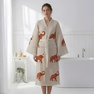 Bata de baño unisex de algodón de lujo con estampado de bloques, ligera, de lino tejido, transpirable, para primavera, verano y todo el año, ropa de dormir y de descanso. - Product Image 5