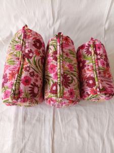 Indian Lotus Hand Block Printed Cotton <b>Quilted</b> Zipper Pouch Eco-Friendly Traveling <b>Makeup</b> <b>Bag</b> with Portable Capacity for Women - Product Image 1