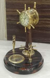 Handmade Nautical Table Top <b>Ship</b> Telegraph <b>Clock</b> With 2 Pens Holder and Compass <b>Ship</b> Wheel Design on Wooden Base Best Decor - Product Image 6