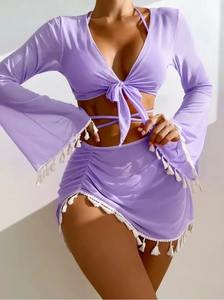 Traje de baño de dos piezas triangular de color sólido para mujer, traje de baño de cuerda trenzada, conjunto de Bikinis, traje de baño de playa, biquinis brasileños - Product Image 2