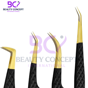 Pinzas para pestañas con punta de fibra de acero inoxidable de Color negro y dorado, Juego de 4 pinzas para extensión de pestañas de alta calidad hechas a medida - Product Image 5
