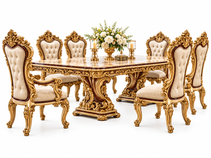 Ensemble de table à manger de style palais haut de gamme pour villas américaines, suite de salle à manger royale haut de gamme, fabriquée à la main en bois massif avec placage en feuille d'or - Product Image 6