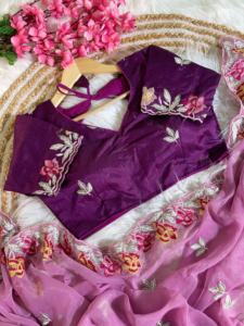 Blusa de Sari de Seda Suave y Brillante de Estilo Étnico Moderno y Elegante con Bordado de Hilo, Exportador Indio - Product Image 3