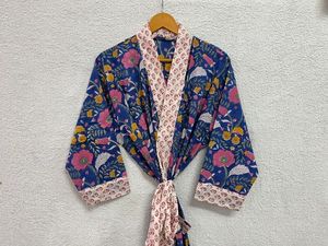 Handmade Indian 100% Cotton Kimono Dress Floor-Length Traditional Tunics Floral Block Print Elegant Bath Robe Inspired Style - Product Image 2