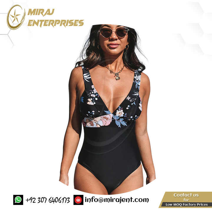 Cut Out Back Monokini Swimwear New Bathing Suit Beachwear Plunge Neck Black Floral Swimsuit for Women Sexy