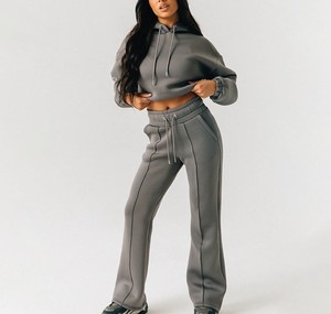 Oem Custom Logo Casual Jogging Women Suit Blank Oversized Cropped Hoodie and Wide Leg Flare Jogger Sweat Pant 2 Piece Women <b>Set</b> - Product Image 3