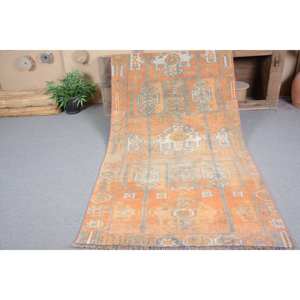 Tapis Vintage Turc Bohème Orange Bleu 3.9X10 pieds Laine Grande Zone Patchwork Motif pour Couloir Chambre Latex pour Chevet - Product Image 5