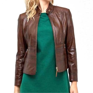 PU Slim-Fit Long Zippers Bomber-Outwear New Fashion Style Women Cotton Breathable Motorcycle Bomber Biker Brown Leather Jackets - Product Image 5