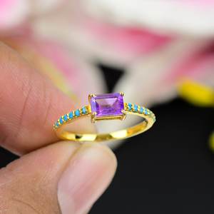 Bague fine en argent sterling 925 plaqué or vintage Améthyste naturelle et pierre précieuse turquoise Bijoux de mariage et de fête à la mode - Product Image 1