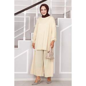 ชุดฮิญาบแบบลำลอง2ชิ้นสีเบจผ้าถักแบบมีจีบคอตั้งสำหรับฤดูใบไม้ผลิ - Product Image 1