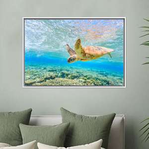 Printed Ocean <b>Blue</b> Wall Art <b>Canvas</b>: Swimming Sea Turtle Artwork,1P:White Framed - Product Image 1