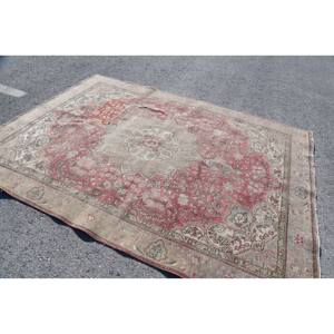 Tapis turc vintage classique rouge beige 6.6x9,3 pieds, support abstrait en laine latex pour adolescent, rectangle, design couloir - Product Image 2