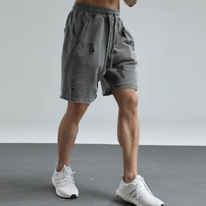 Custom <b>Vintage</b> Jogger <b>Shorts</b> for <b>Men</b> 100% Cotton Eco-Friendly Acid Wash Fleece Distress Cut Edge 3D Embroidery Solid OEM Service - Product Image 2