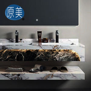 Pierre frittée double évier sans couture mur suspendu marbre salle <span class=keywords><strong>de</strong></span> bain armoire éclairage LED conception vanité lavabo <span class=keywords><strong>pour</strong></span> hôtel - Product Image 5
