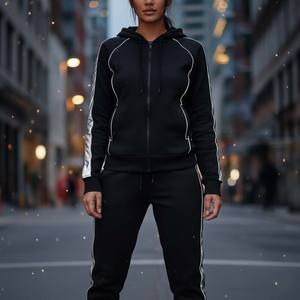 Custom Women Black <b>Velvet</b> Tracksuit Set Heavyweight Cotton Hoodie <b>Jogger</b> Pants Above Knee Streetwear Skinny Fit - Product Image 1