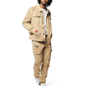 Ensemble veste et pantalon en jean pour homme, design imprimé Street Look, 100% coton, poids lourd, respirant - Product Image 1