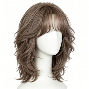 Peluca de cabello humano rizado medio en capas color marrón ceniza con flequillo de aire - Product Image 2