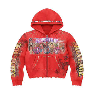 Sweat à capuche court en molleton ample personnalisé 100% coton, fermeture éclair, délavage acide, décoloration au soleil, strass, effet délavé, pour l'hiver - Product Image 5