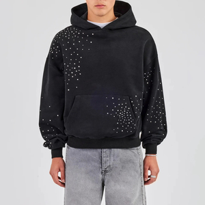 Sweat à capuche en coton mélangé léger avec strass, design scintillant, style streetwear décontracté - Product Image 1