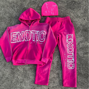 High Quality Custom Breathable Acid Wash Rhinestone Zip-Up Hoodie And Sweatpants Streetwear Heavyweight Oversized Tracksuit - Product Image 3