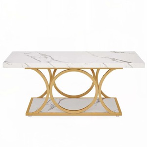 Table basse moderne en marbre à 2 niveaux, écologique, avec pieds géométriques et étagère de rangement pour salon - Product Image 1