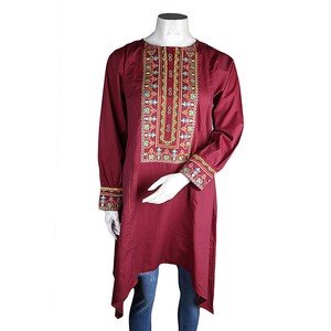 Women's Embroidered A-Line <b>Kurti</b> - Maroon - Product Image 2