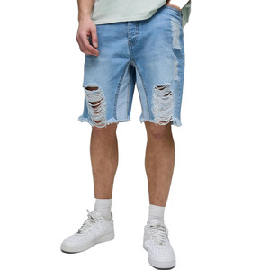 Pantalones cortos de mezclilla azul claro fuertemente triturados para hombres Ropa de calle con dobladillo crudo personalizado Jorts Summer Hip Hop Loose Fit Urban Fabricante OEM - Product Image 1