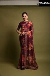 הודי אתני ללבוש ג 'ורג' ט עם פרח הדפסת סארי עם רקמה עבודת עבודה לחתוך תחרה גבול ותחרה גדולה עם Banglory חולצה - Product Image 4