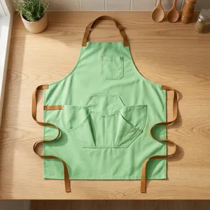 Delantal de Lona Verde Resistente y Reutilizable con Múltiples Bolsillos para Cocinar, Uso Diario, Diseño Tejido de Estilo Simple - Product Image 1