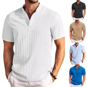 Chemise d'été décontractée à manches courtes en jacquard pour hommes, de haute qualité, respirante, rayée, confortable et élégante, avec revers en 3D - Product Image 1