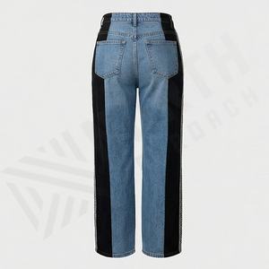 High Quality <b>Women</b> Casual High Waisted Stretchy Straight Wide Leg <b>Jeans</b> Flare Pants Style Solid Patchwork Stripes Summer Wear - Product Image 2