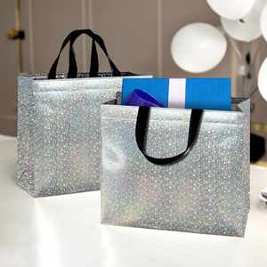 <b>Silver</b> Holographic Glitter Non Woven Reusable Tote <b>Bag</b> | Waterproof Moisture Proof Digital Printing Custom Logo Hand Length <b>Bag</b> - Product Image 1