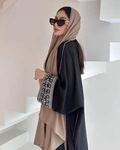 Abaya en satin de soie noir faite à la main belle broderie blanche robe de soirée inspirée de style dubaï pour adultes musulman traditionnel - Product Image 3