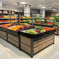 Kwalitatief hoogwaardig dubbelzijdig houten en metalen displayrek voor producten, zwaar belastbaar, voor supermarkten, vers fruit en groenten, winkelrekken