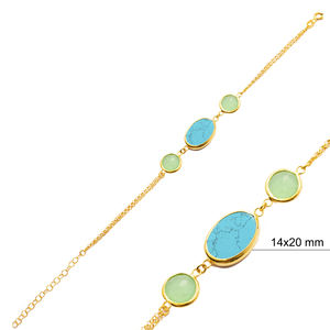 Turquoise Quartz Gold Bezel Round and Oval <b>Charm</b> <b>Silver</b> <b>Bracelet</b> Wholesale Handmade 925 Sterling Jewelry - Product Image 4