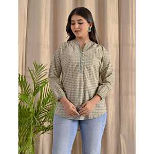 Blusa de Popelina Gris para Mujer, Logotipo Bordado, Corte Holgado Informal, Talla XL, Cierre de Botones, Temporada Otoño y Primavera - Product Image 1