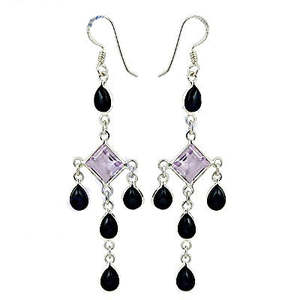 Boucles d'oreilles pendantes en argent 925 avec améthyste et onyx noir pour femmes, accessoire de mode - Product Image 1