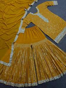 Belle fantaisie broderie lourde 5mm paillettes travail haut Sharara Dupatta nouvelle fête porter style Bollywood indien pakistanais vêtements - Product Image 4