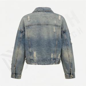 High Quality <b>Distressed</b> Ripped Casual Knitted Denim Varsity Jacket Women Cotton Filled Viscose Lined Autumn Winter Wholesale - Product Image 2