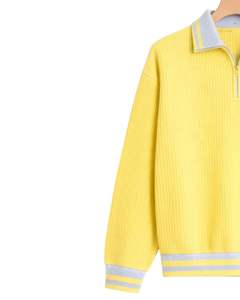 Manufacturer <b>Mens</b> Quarter Zip Knit Sweater Yellow Solid Textured Knit Grey Rib Collar Hem Warm Winter Casual Pullover OEM - Product Image 3