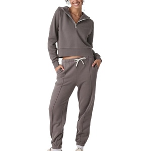 Women's Custom Cotton Track Suit Joggers New Winter Half Zip Hooded Sweatshirt Autumn/Winter All Sizes Hood Solid Pattern - Product Image 5