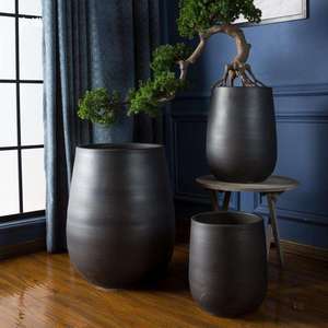 Macetero de hormigón minimalista de estilo nórdico, jarrón negro extragrande para decoración de plantas en salas de estar y hoteles, estética boho moderna - Product Image 2