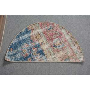 Alfombra Redonda Vintage de 2,5x1,5 pies (75x45 cm), Alfombra Turca con Borde Azul - Product Image 1